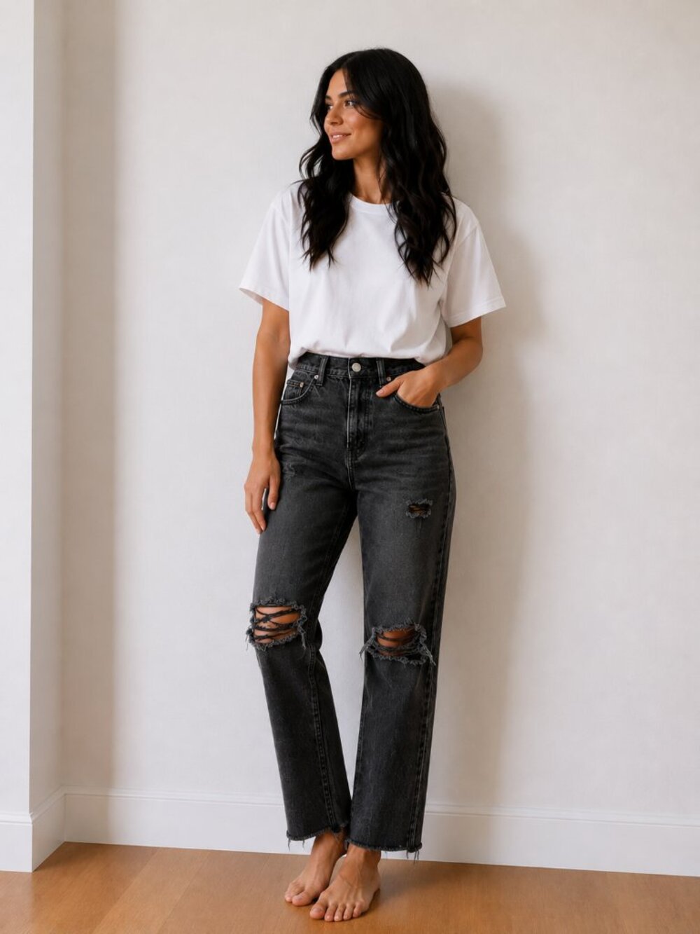 American Eagle Outfitters Black Distressed Straight-Leg Jeans